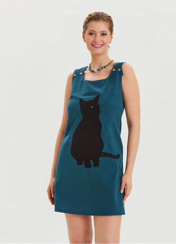 U Neck Cat Figure Button Detailed Petrol Casual Dress 4529